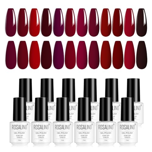 ROSALIND UV Nagellack Rot UV LED Shellac Nagellack, 12 Farben UV Nagellack Set Rot, Gellack Farbgel Für Gelnägel Soak Off Mini Gel Nail Polish Dunkelrot Hellrot Für Nail Art Design von ROSALIND