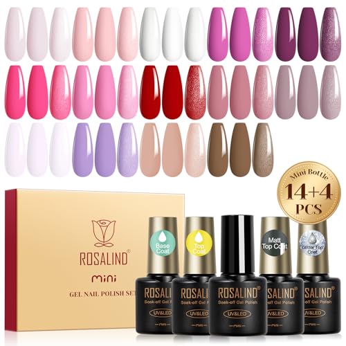 ROSALIND UV Nagellack Set, 18 Stück Gel Nagellack Hellrosa Nude Weiß Rosa Lila Farbgel Gelnägel, Soak-Off Mini UV Rot Braun Gel Nail Polish für Nagel Design Geschenk von ROSALIND