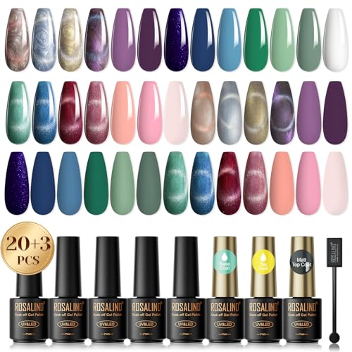 ROSALIND UV Nagellack Set, 23 Stück Mini Nackt Hellrosa Glitzer Shellac Cat Eye Gel Nagellack Set, Soak Off Natur Gel Polish Nageldesigns, Gellack Nagellack für Anfänger Nail Art Maniküre Salon von ROSALIND