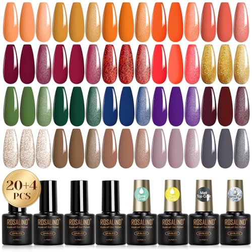 ROSALIND UV Nagellack Set, 24 Stück Gel Nagellack Orange Rot Gold Farbgel Gelnägel,Soak-Off Mini Grün Blau Lila Braun Grau Herbst Winterfarben Gel Nail Polish Geschenk von ROSALIND