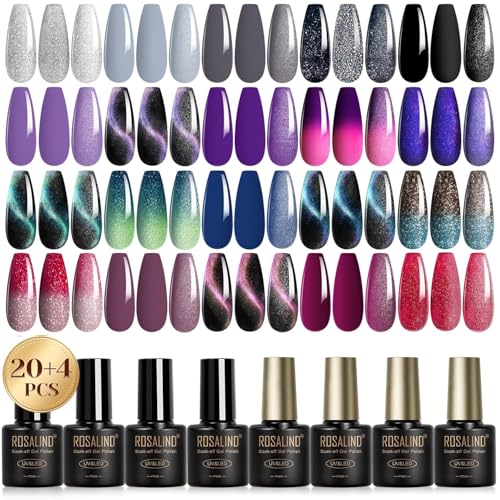 ROSALIND UV Gel Nagellack Set, 24 Stück Silber Grau Schwarz Lila Rot Farbgel, Soak-Off Magnetisch Gel Nail Polish für Nägel Design Cat Eye Thermo Gelnägel Geschenk von ROSALIND