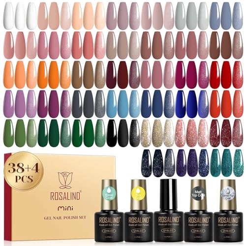 ROSALIND UV Nagellack Set, 42 Stück Nude Braun Rot Orange Lila Grau Blau Grün Gel Nagellack, Soak-Off Mini UV LED Farbgel Gelnägel für Nagel Design Gel Nail Polish Geschenk von ROSALIND