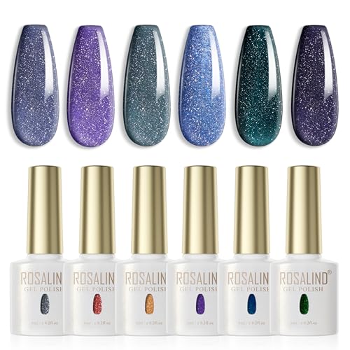 ROSALIND UV Nagellack Set, 6 Farben Glitzer Blau Grün Violett Schwarz Gel Nagellack, UV/LED Fein Glitzernder Gel Nail Polish für Profesionelle Salon & zu Hause DIY von ROSALIND