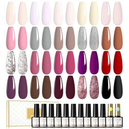 ROSALIND UV Nagellack Set 22 Pcs Shellac Nagellack Mit Top & Base Coat 20 Farben Shellac Set UV LED Soak Off Nail Polish Gel Lack Glitzer Braun Rot Rosa Silber ManiküRe Set 8ml von ROSALIND