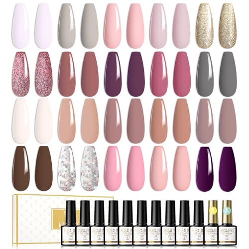 ROSALIND UV Nagellack Set 22 Pcs Shellac Set Mit Top & Base Coat 20 Farben Shellac Nagellack UV LED Soak Off Nail Polish Gel Lack Glitzer Nude Braun Lila Rosa ManiküRe Set 8ml von ROSALIND