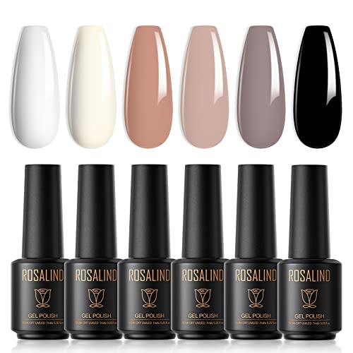 ROSALIND UV Nagellack Set 6 Farben 7ml Weiß Nackt Grau Schwarz Shellac Gel Nagellack Set Für UV LED Lampe Gellack Nail Polish Nail Art Kit von ROSALIND