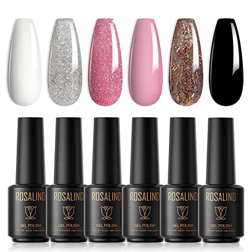 ROSALIND UV Nagellack 6 * 7ml Weiß Grau Hellrosa Braun Schwarz Glitzer Rosa Gel Nagellack Shellac Farbe Gel Set Nagelstudio Gelnägel DIY Geschenk für Frauen von ROSALIND