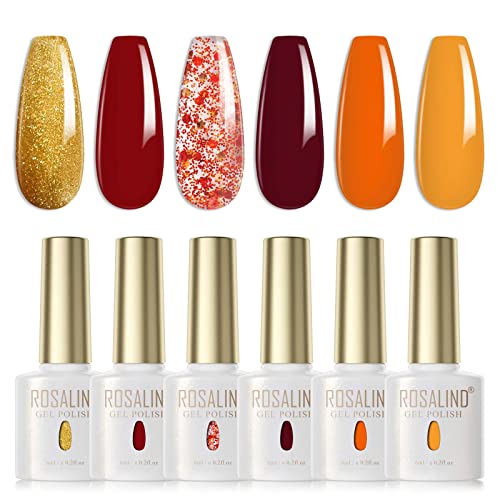 ROSALIND UV Nagellack Set 6 Farben Gelb Orange Rot Braun Glitzer Rot Glitzer Gold Gel Nagellack Set Farbgel für Gelnägel UV LED Nail Gel Polish Für UV Lampe Gel Nagel Herbstfarben 6ml von ROSALIND