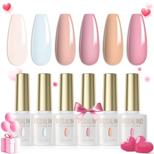 ROSALIND UV Nagellack Pastell,6 Farben Hellrosa Hellblau Rosa Nude Jelly Set Farbgel für Gelnägel UV LED Gel Nail Polish Valentinstag Für UV Lampe Nagel Salon Design von ROSALIND