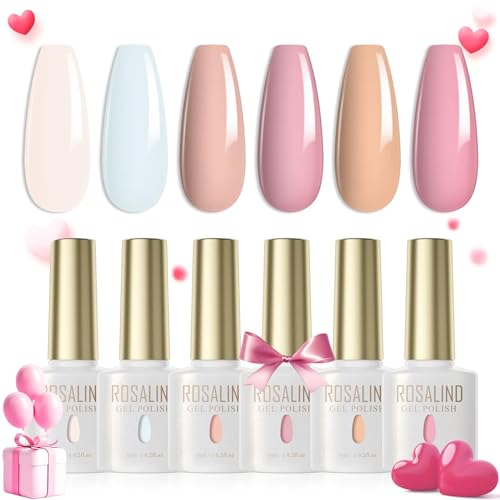 ROSALIND UV Nagellack 6 Farben Hellrosa Hellblau Rosa Nude Gel Nagellack Set Farbgel für Gelnägel UV LED Gel Nail Polish Valentinstag Für UV Lampe Gel Nagel Rosa Nude Farbe Salon Design von ROSALIND