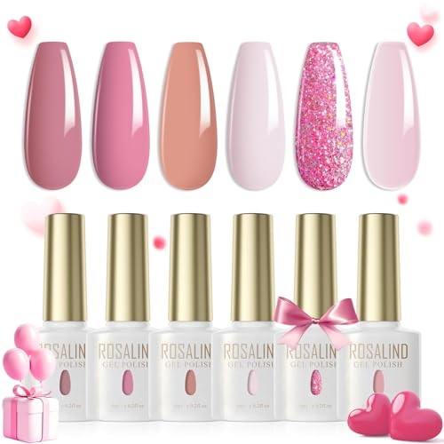 ROSALIND UV Nagellack Pastell,6 Farben Hellrosa Khaki Braun Haferflocken Glitzer Rosa Shellac Set Farbgel für Gelnägel UV LED Gel Nail Polish Valentinstag Gel Nagel Salon Design von ROSALIND