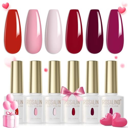 ROSALIND UV Nagellack Set 6 Farben Hellrosa Rosa Rot Dunkelrot Weinrot Gel Nagellack Set Soak Off UV LED Nail Gel Polish Für UV Lampe Gel Nagellack Set Valentinstag von ROSALIND