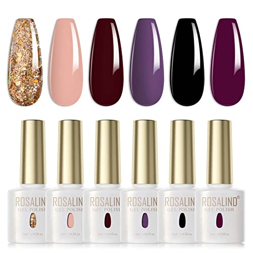 ROSALIND UV Nagellack 6 Farben Nude Dunkelrot Dunkellila Dunkelgrün Glitter Gold Gel Nagellack Set Farbgel für Gelnägel Soak Off UV LED Gel Nail Polish Für UV Lampe Salon Design Kit von ROSALIND