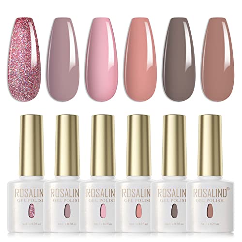 ROSALIND UV Nagellack Set, 6 Farben Rosa Grau Braun Khaki Haferflocken Glitzer Pink Gel Nagellack für UV/LED Lampe,Soak Off Nail Polish 6ml von ROSALIND