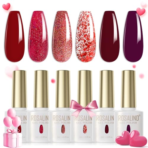 ROSALIND UV Nagellack 6 Farben Rot Weinrot Dunkellila Glitzer Rot Gel Nagellack Set Farbgel für Gelnägel Soak Off UV LED Gel Nail Polish Für Lampe Set Valentinstag von ROSALIND