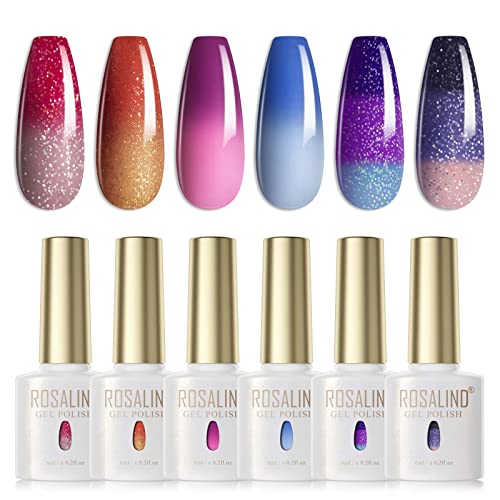 ROSALIND UV Nagellack Thermo 6 Farben UV Gellack Farbwechsel Gel Nagellack Thermo Gellack Kit Mehrfarbig Ablösbarer Nagelgel Farbgel Gel Nagel Chameleon Nail Polish Set von ROSALIND