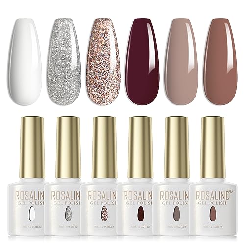 ROSALIND UV Nagellack Set 6 Farben Weiß Grau Braun Glitzer Silber Gel Nagellack Set Farbgel für Gelnägel Soak Off UV Nail Gel Polish Für UV Lampe Gel Nagel Salon Design Kit 6ml von ROSALIND