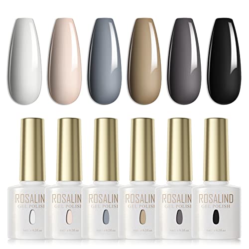 ROSALIND UV Nagellack Set 6 Farben Weiß Nude Grau Schwarz Gel Nagellack Set Farbgel für Gelnägel Soak Off UV LED Nail Gel Polish Für UV Lampe Gel Nagel Salon Design Kit 6ml von ROSALIND