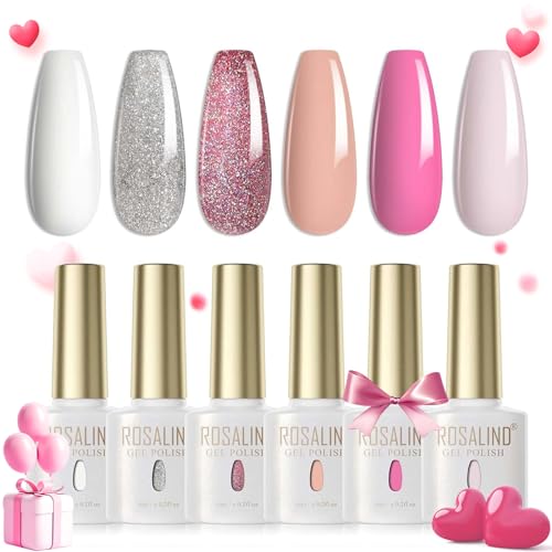 ROSALIND UV Nagellack 6 Farben Weiß Nude Neon Rosa Hellrosa Gel Nagellack Set Farbgel für Gelnägel UV LED Gel Nail Polish Glitzer Silber Glitzer Rosa Für UV Lampe Frühling Sommer Valentinstag von ROSALIND