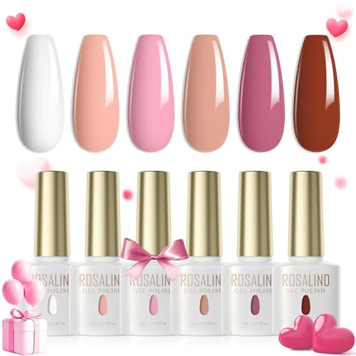 ROSALIND UV Nagellack 6 Farben Weiß Nude Rosa Braun Gel Nagellack Set Farbgel für Gelnägel Soak Off UV LED Gel Nail Polish Valentinstag Nagellack Lacke Für UV Lampe Salon Design Kit von ROSALIND