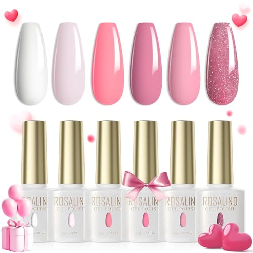 ROSALIND UV Nagellack 6 Farben Weiß Rosa Hellrosa Neon Rosa Glitzer Rosa Shellac Set Farbgel für Gelnägel UV LED Gel Nail Polish Für UV Lampe Frühlings Sommer Farbe Valentinstag von ROSALIND