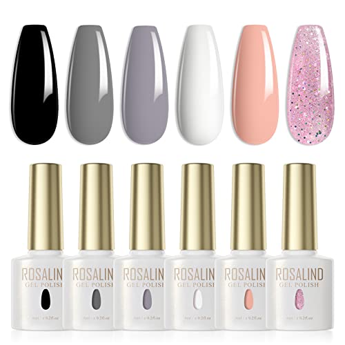 ROSALIND UV Nagellack 6 Farben Weiß Schwarz Grau Nude Glitter Rosa Gel Nagellack Set Farbgel für Gelnägel Soak Off UV LED Nail Gel Polish Für UV Lampe Salon Design Kit von ROSALIND