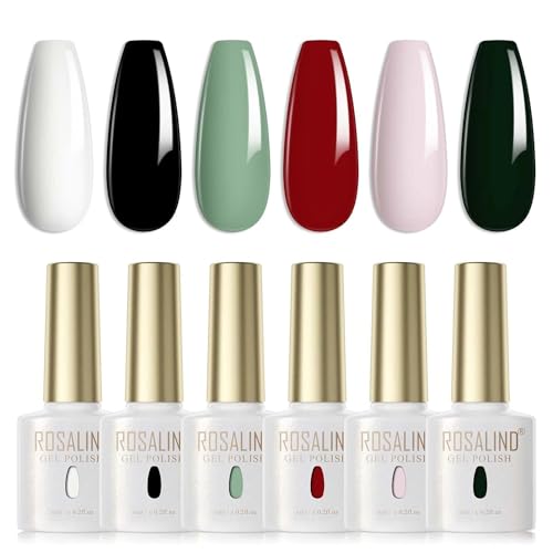 ROSALIND UV Nagellack, 6 Farben Weiß Schwarz Hellgrün Rot Rosa Dunkelgrün Gel Nagellack Set, Farbgel für Gelnägel Soak Off UV LED Gel Nail Polish Für Lampe von ROSALIND