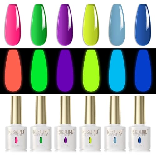 ROSALIND UV Nagellack Fluoreszierende 6 Farben Neon Rosa Grün Lila Gelb Blau Dunkelblau Gel Nagellack Set Farbgel für Gelnägel UV LED Gel Nail Polish Night Glow Leuchtender Nagellack von ROSALIND