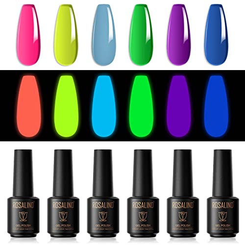 ROSALIND UV Nagellack Set Fluoreszierende Fluo 6 Farben 7ml rot rosa gelb grün blau lila Neon Gel Nagellack Set Für UV LED Lampe Gellack Leuchtender Nagellack Nail Polish Nail Art Kit von ROSALIND