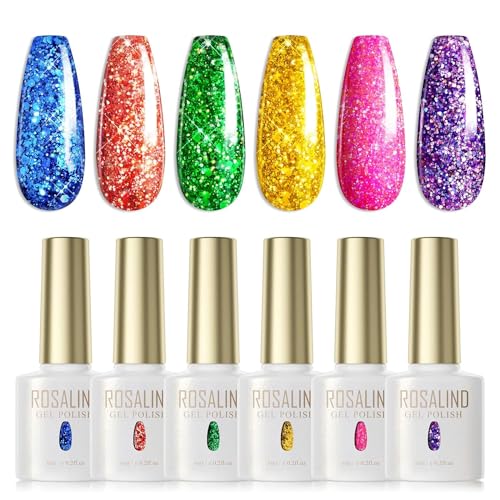 ROSALIND UV Nagellack Glitzer 6 Farben Glitzer Blau Rot Grün Gelb Rosa Lila Gel Nagellack Set Glitzer Soak Off UV Gel Nail Polish Für UV Lampe Gel Nagellack Set von ROSALIND