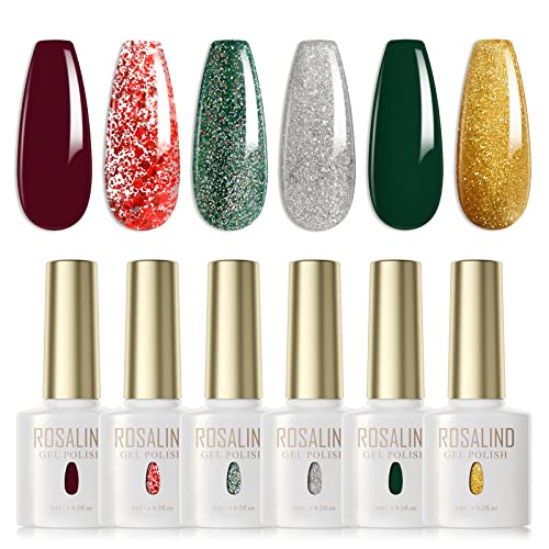 ROSALIND UV Nagellack,6 Farben Dunkelrot Dunkelgrün Glitzer Rot Grün Silber Gold Gel Nagellack Set Soak-Off UV Gel Nail Polish Nail Art Salon DIY Home,Glitzerfarbe von ROSALIND