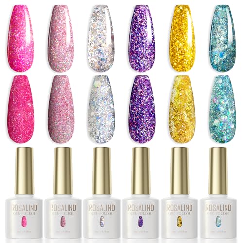 ROSALIND UV Nagellack Set Glitzerfarbe 6 Farben Glitter Rosa Silber Lila Gold Blau Gel Nagellack Set Farbgel für Gelnägel UV LED Nail Gel Polish Für UV Lampe Gel Nagel Design Kit 6ml von ROSALIND