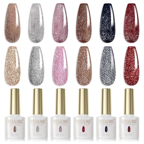 ROSALIND UV Nagellack Glitzerfarbe 6 Farben Glitzer Rosa Rot Grau Braun Schwarz Gel Nagellack Set Farbgel für Gelnägel UV Nail Gel Polish Für UV Lampe Gel Nagel Salon Design Kit von ROSALIND