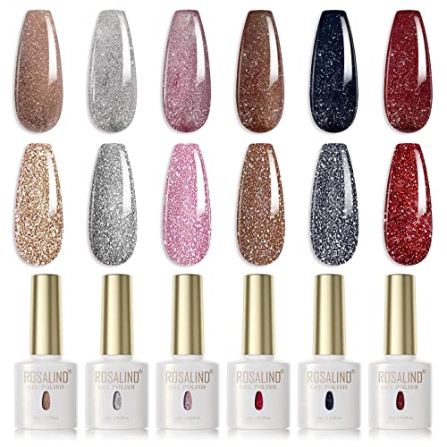 ROSALIND UV Nagellack Set, 6 Farben Glitzer Braun Grau Rosa Schwarz Rot Gel Nagellack für UV/LED Lampe Farbgel für Gelnägel, Soak off Nail Polish Salon Design Kit von ROSALIND
