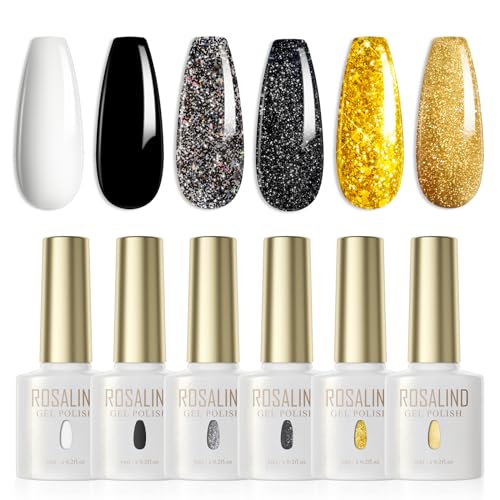 ROSALIND UV Nagellack Set Glitzerfarbe 6 Farben Weiß Schwarz Glitzer Grau Schwarz Gold Gel Nagellack Set Farbgel für Gelnägel Soak Off Nail Gel Polish Für UV Lampe Set von ROSALIND