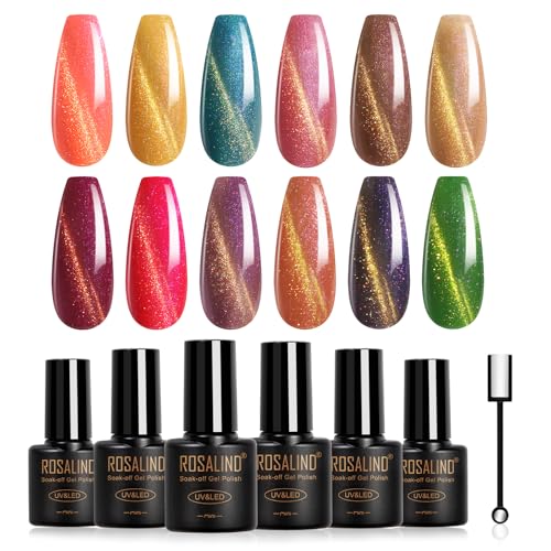 ROSALIND UV Nagellack Set Magnetisch, 12 Farben Orange Gelb Blau Braun Rot Regenbogen Cat Eye Gel Nagellack Katzenauge, Soak Off Mini Kristall Cateye Gel Nail Polish Goldfaden Nail Art Maniküre von ROSALIND