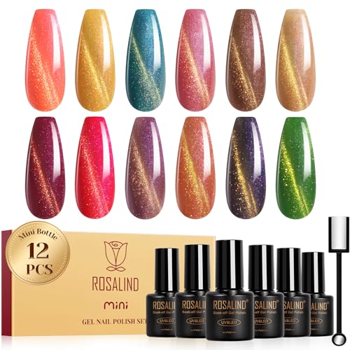 ROSALIND UV Nagellack Set Magnetisch, 12 Farben Orange Gelb Blau Braun Rot Regenbogen Cat Eye Gel Nagellack Katzenauge, Soak Off Mini Kristall Cateye Gel Nail Polish Goldfaden Nail Art Maniküre von ROSALIND