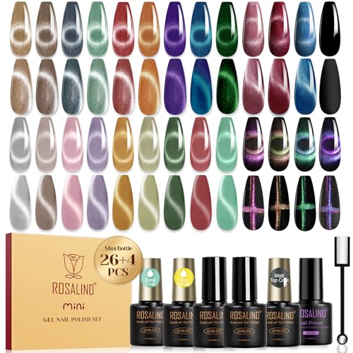ROSALIND UV Nagellack Set Magnetisch, 30 Stück Cat Eye Gel Nagellack Katzenauge mit Magnet, Soak Off Mini Nail Polish Braun Rot Violett Blau Grün Cateye UV Gel für Nail Art Maniküre von ROSALIND