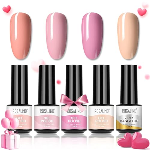 ROSALIND UV Nagellack Shellac Set 4 Farben Gel Nagellack Set Rosa Nude Nagellack mit Base Coat Top Coat Mini UV Lampe Für Nägel Gel Nail Polish Set Valentinstag von ROSALIND