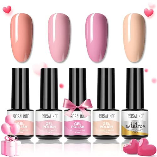 ROSALIND UV Nagellack 4 Farben Gel Set Rosa Nude Mit Base Coat Top Coat Mini UV Lampe Für Nägel Gel Nail Polish Set Valentinstag von ROSALIND