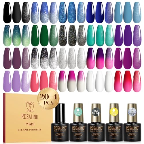 ROSALIND UV Nagellack Set Thermo, 20+4 Stück Gel Nagellack Farbwechsel mit Unterlack & Überlack, Matt & Glitzer Überlack, Thermo Schwarz Blau Grün Violett Farbgel für Gelnägel UV Nagel Design von ROSALIND