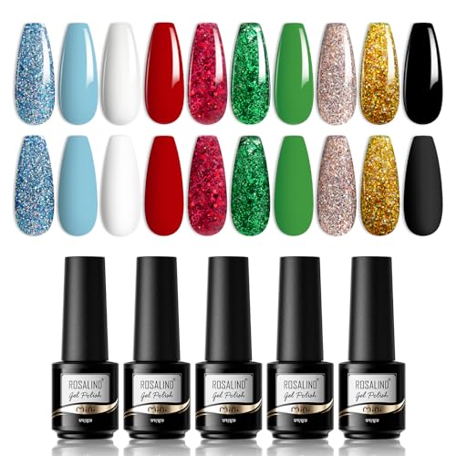 ROSALIND UV Nagellack Weiß Grün Set, 10 Farben UV LED Gel Nagel Set Rot Schwarzer Blau Glitter Nail Art Soak Off Black Gel Nail Polish für Nagel Design von ROSALIND