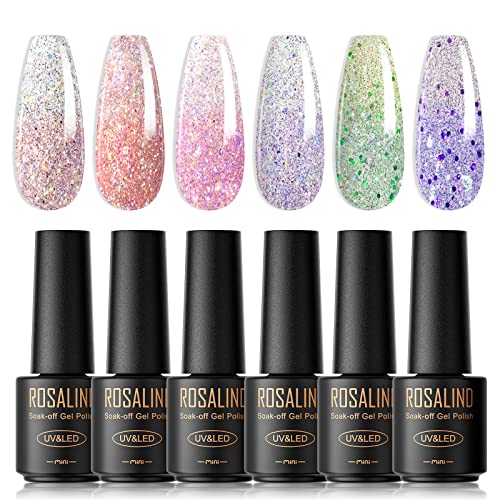 ROSALIND UV Nagellack glitzer, 6 Farben Mini nagel uv gel thermo, UV Nagellack Set thermogel Soak für Gelnägel Soak Off UV Gel Nail Polish Lacke Für UV Lampe von ROSALIND