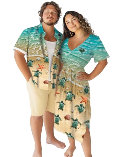 Passendes Hawaii-Kleid mit Seestern-Schildkröten-Muschel-Print oder Übergröße Midi-Kleid mit geteiltem A-Linien-Kleid, Grün, Damen, 1X von ROSE GAL