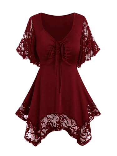 ROSE GAL Damen Plus Size Blumenspitze T-Shirt Kurve Blume Spitzeneinsatz Criss Cross Fledermausärmel Taschentuch Top, Rot/Ausflug, einfarbig (Getaway Solids), 3X von ROSE GAL