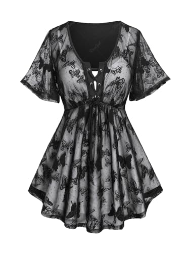 Rosegal Damen-Bluse mit V-Ausschnitt, Schmetterlingsspitze, Overlay, Schnürung, 2-in-1, kurze Flatterärmel, fließendes Top, Schwarz_1, 5X von ROSE GAL