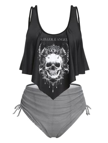 Rosegal Damen-Tankini, Übergröße, Gothic, Bademode, Bauchkontrolle, zweiteiliger Badeanzug, gerüschte Bademode, Schwarz_1, 4x von ROSE GAL