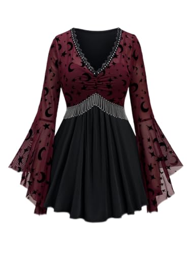 Rosegal Damen Übergröße Gothic Mond Stern Mesh Panel Glockenärmel Kette Quaste T-Shirt Punk Gothic Flare Ärmel Top Kostüm Top (Deep Red_1/L), Tiefrot_1, Large Mehr von ROSE GAL