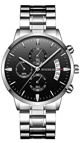 ROSEBEAR Herren Analog Quarz Uhr, Chronograph Mit Mehreren ZifferbläTtern 30M Wasserdicht Herren Businessuhr Edelstahlarmband (Black-Silver) von ROSEBEAR