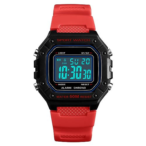 Herren-Armbanduhr Digital Quarz,Herren Digital Uhren,Sport Militär Große Armbanduhr,50M Wasserdicht mit Wecker/Timer/LED Armbanduhr für Männer,Rot von ROSEBEAR
